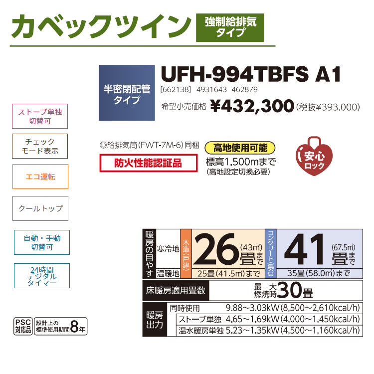 FF式ストーブ 長府 サンポット カベックツイン 温水暖房 半密閉配管タイプ 床暖 FF式 石油ストーブ UFH-994TBFS A1 輻射  主に26畳用 灯油 暖房機 FF式石油暖房機