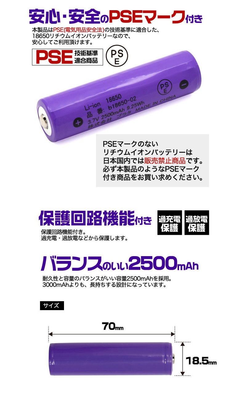 18650 リチウムイオン充電池 2500mAh バッテリー ボタントップ 保護回路付き PSE技術基準適合品 リチウム電池 充電池 3.6V 円筒型 リチウムイオン二次電池 :za9494:ユニコ - 通販 - Yahoo!ショッピング