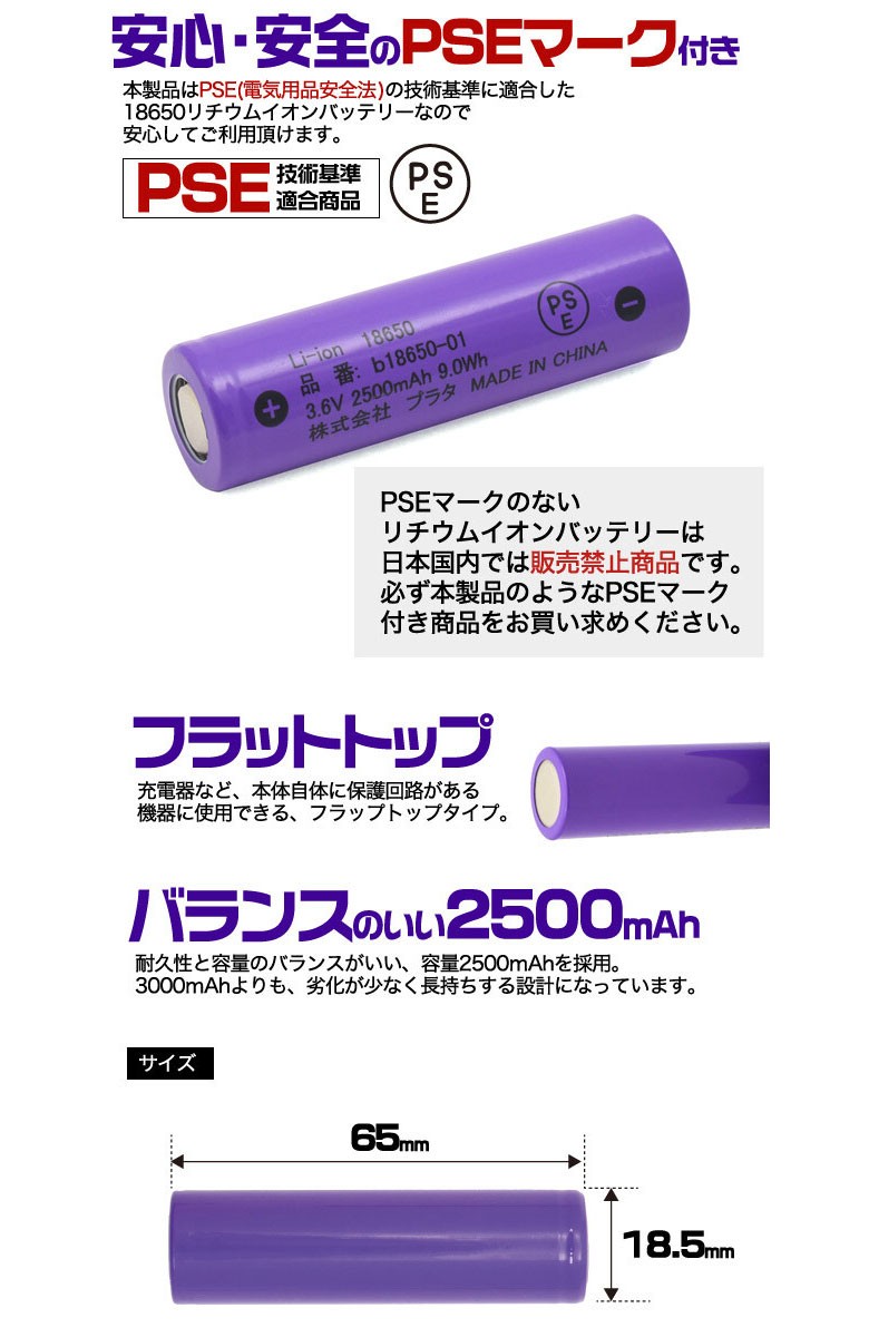 18650 リチウムイオン充電池 2500mAh バッテリー フラットトップ 保護回路なし PSE技術基準適合品 リチウム電池 充電池 3.6V 円筒型 リチウムイオン二次電池 :za9718:ユニコ - 通販 - Yahoo!ショッピング