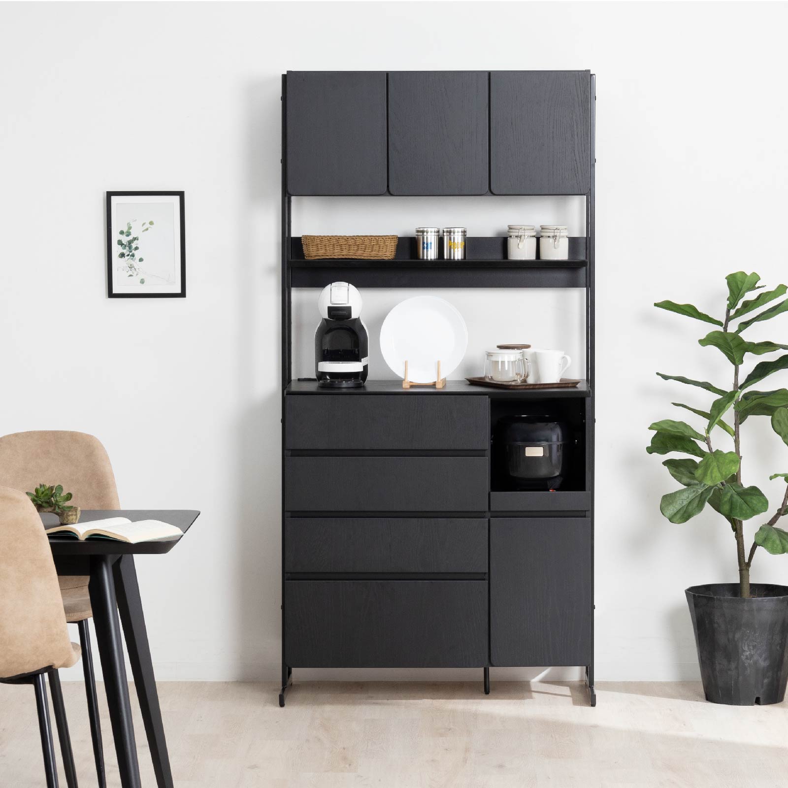 幅90 デクレア 収納 食器棚 ブラック 黒家具 キッチンボード カフェ