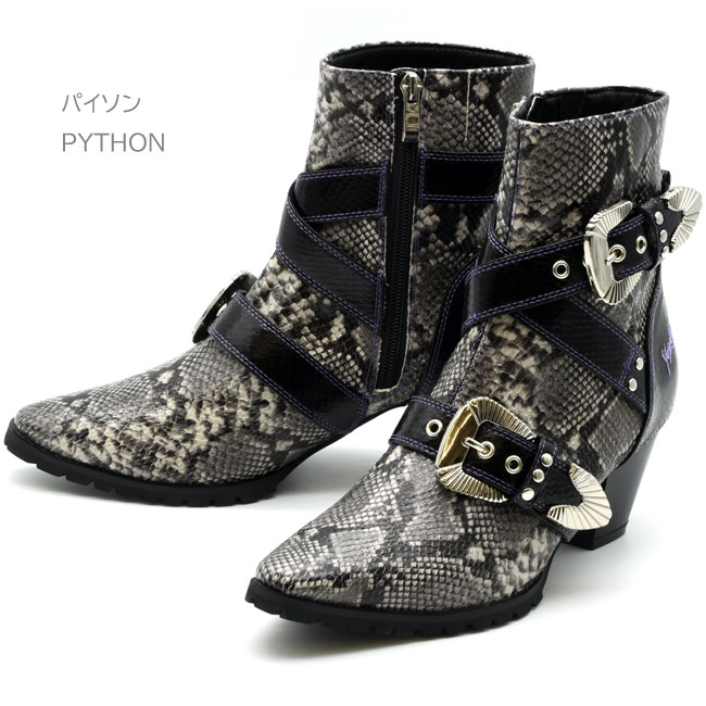 【新品/未使用】レディース 黒 蛇Xレザー コンビ ウエスタンブーツ サイズ37 YOSUKE（ヨースケ） ブーツ レディース 厚底 ブラック 黒 ウエスタン