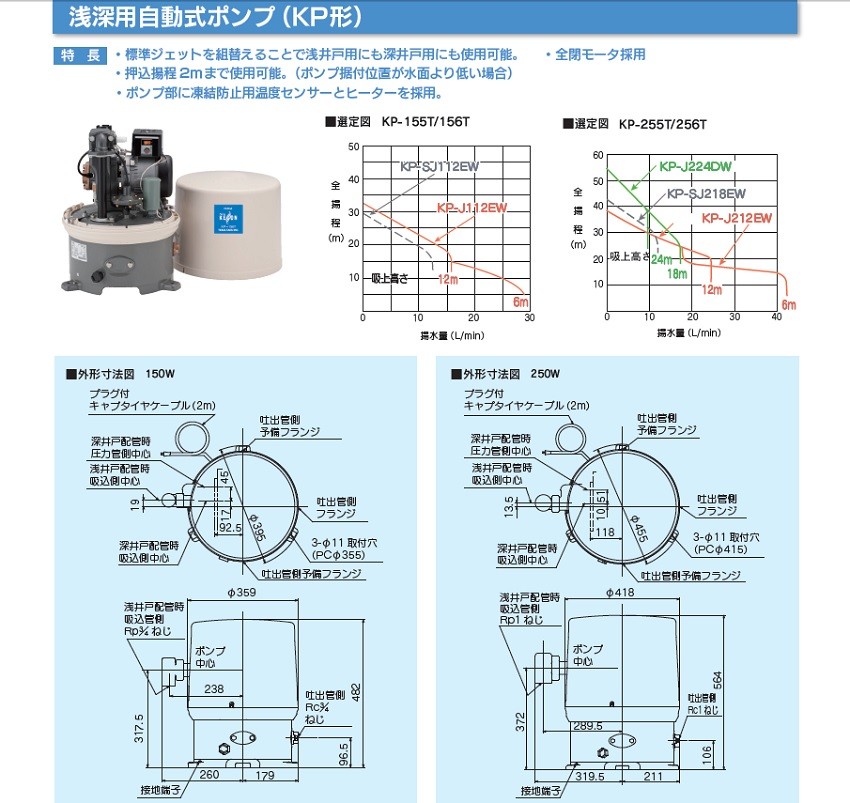 テラル(三菱電機） 浅深用自動式ポンプ KP-255T KP型 単相100V 50Hz