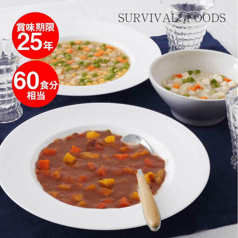 サバイバルフーズ 25年保存食 ファミリーセット カレー＆シチュー 大缶 6缶セット (60食相当) マツコの知らない世界 非常食 備蓄 被災 避難 防災 災害 FST1 :FST1:イベリアの太陽