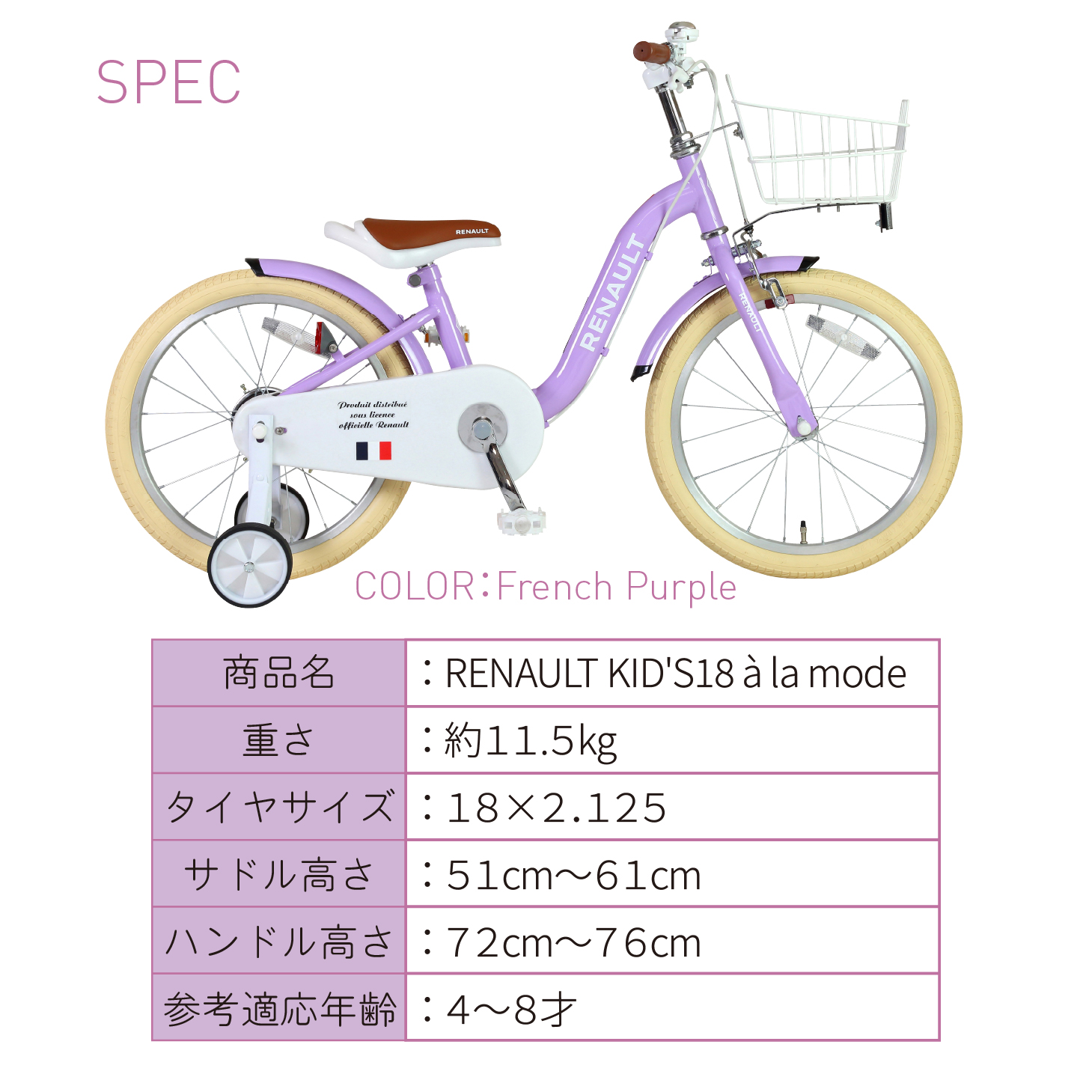 ルノー（RENAULT） KID'S18 a la mode 18インチ 子供自転車 泥除け/前