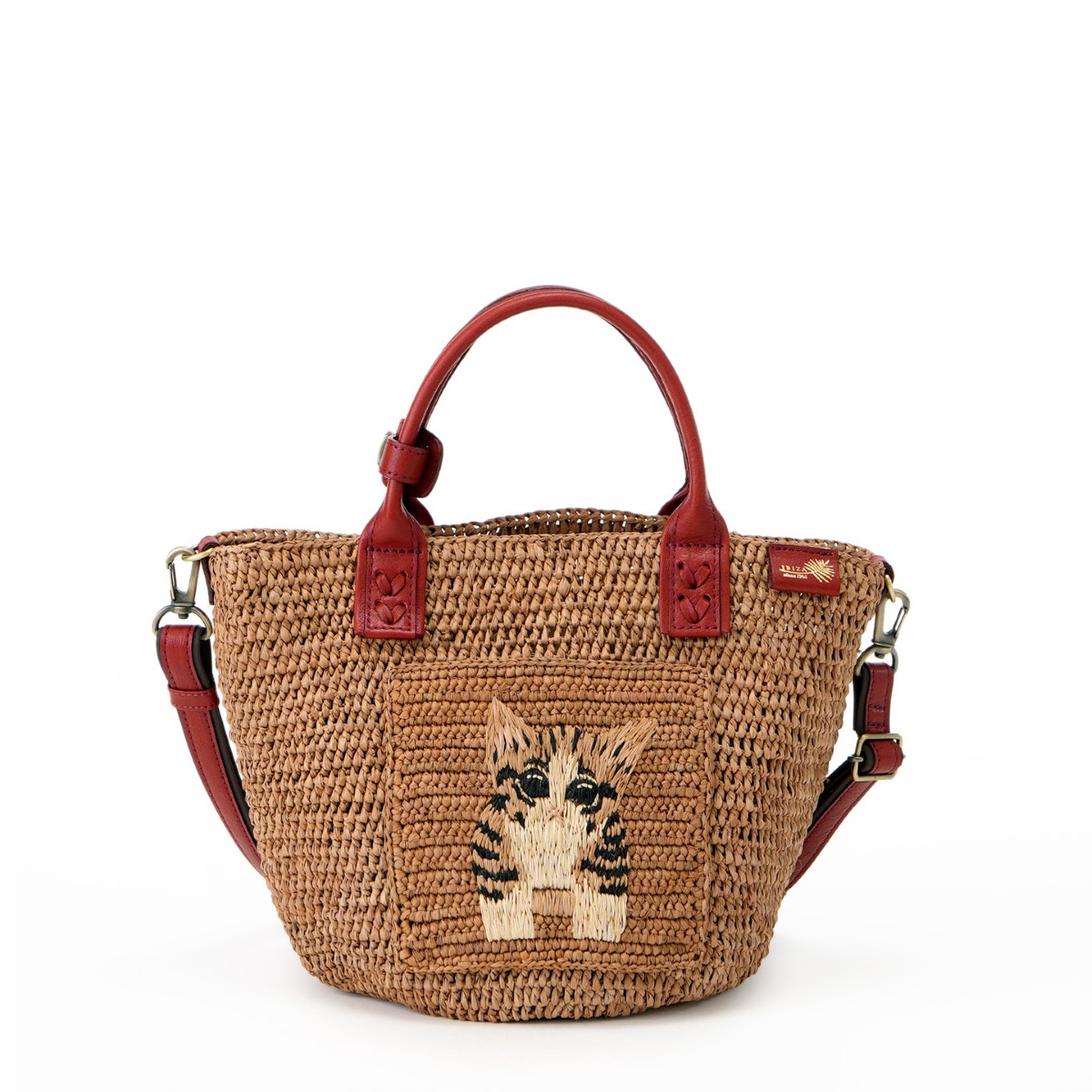 【イビサ公式】ラフィアバッグ 2way ショルダー ネコ かご バッグ S サイズ  斜めがけ ナチュラル ねこ 刺繍 軽い 夏コーデ レディースの画像