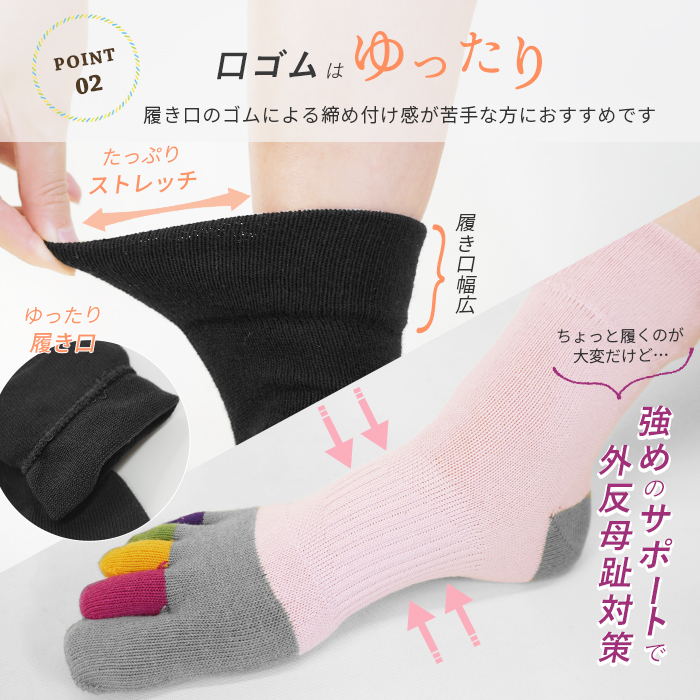 ソックス 5本指 足裏アーチサポート付き カラフル 表糸綿100