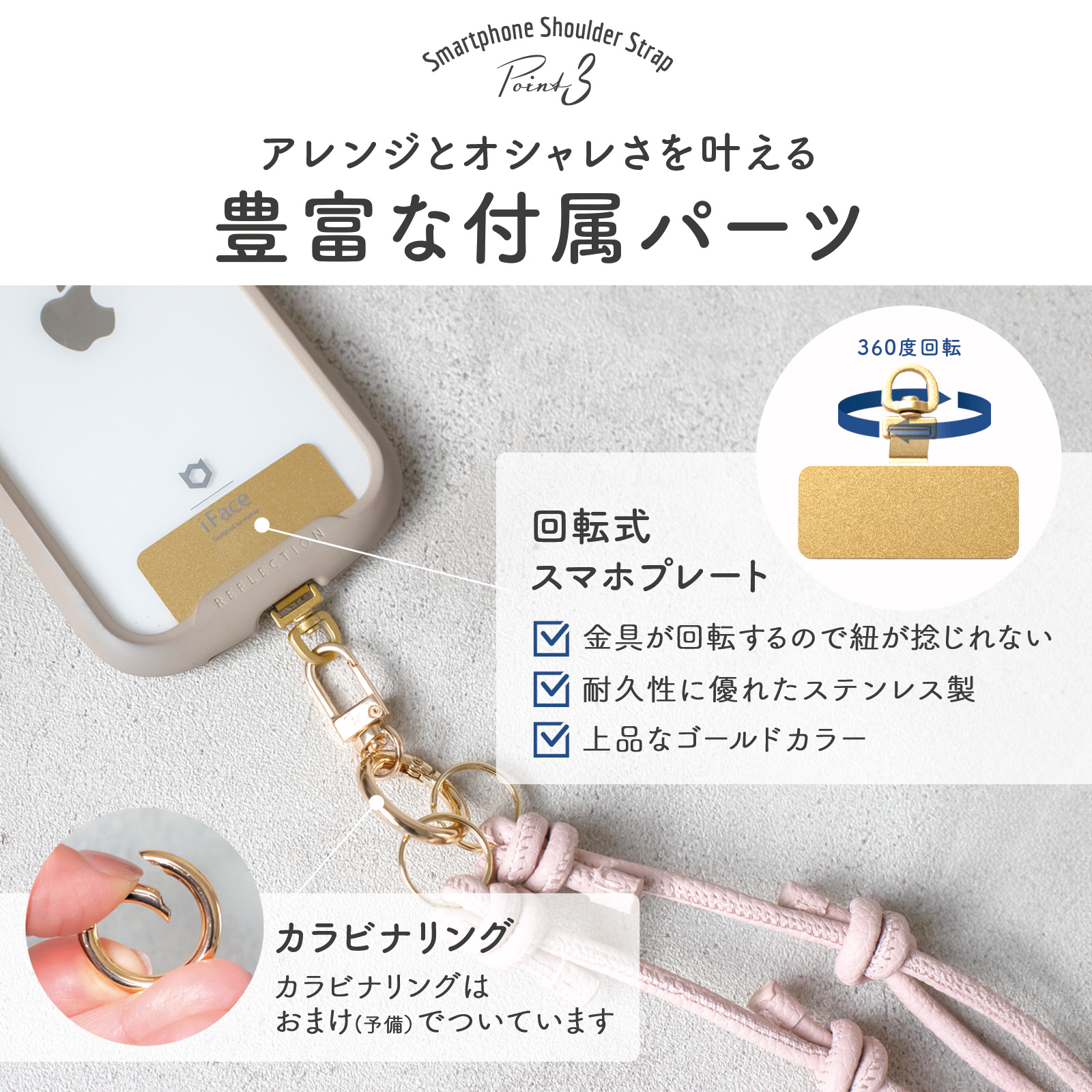 スマホショルダーストラップ 挟むだけ 回転式スマホプレート 首掛け