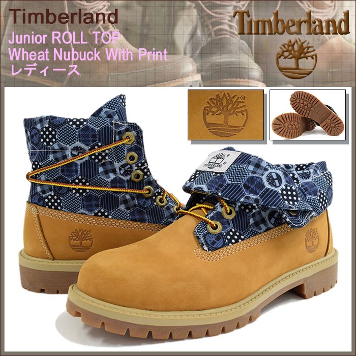 ティンバーランド Timberland ブーツ キッズモデル レディース対応サイズ ジュニア ロールトップ ウィート ヌバック ウィズ  プリント(A1CN7)