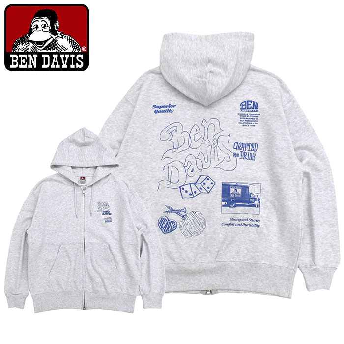 BEN DAVIS ホワイトフーディー　スウェット　ジップパーカー　ベンデイビス BEN DAVIS ベンデイビス パーカー ジップアップ メンズ ラフ