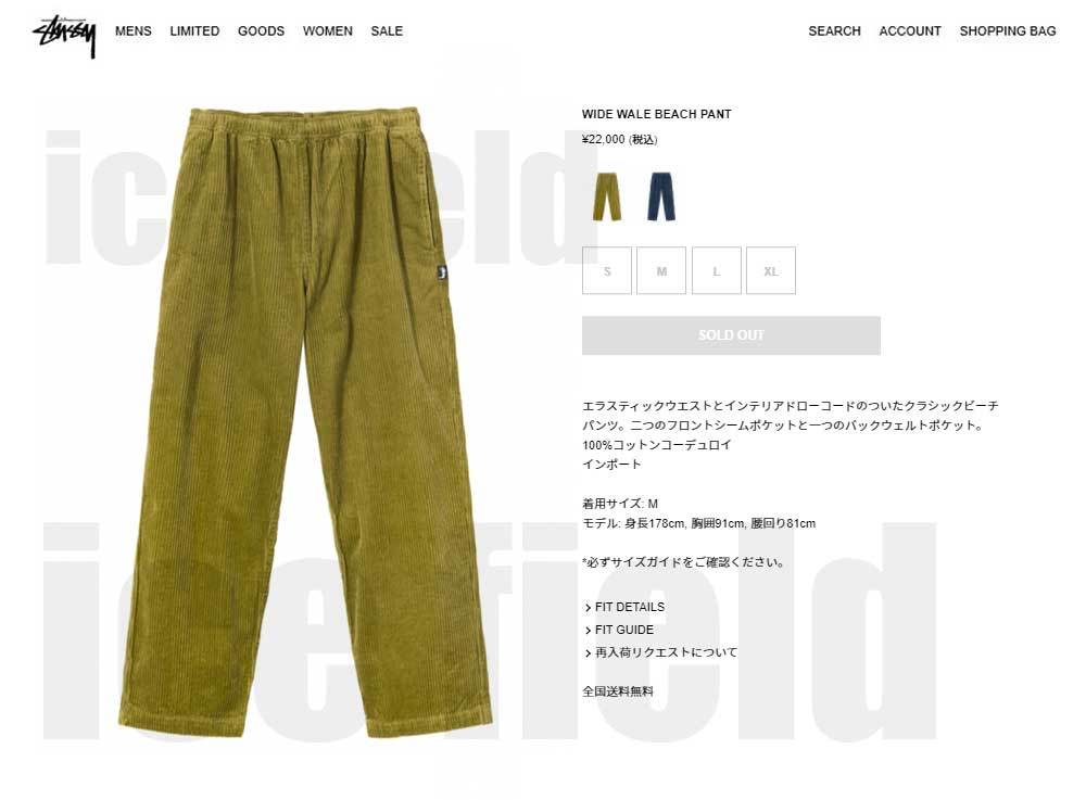 ステューシー パンツ STUSSY メンズ Wide Wale Beach ( stussy pant