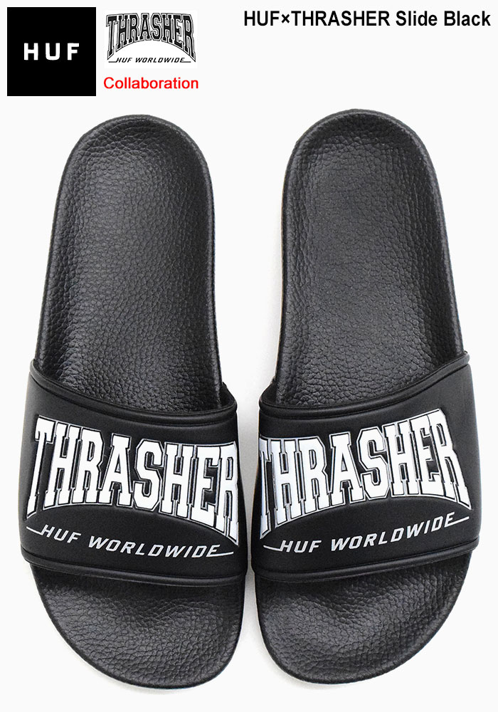 ハフ サンダル HUF メンズ 男性用 スラッシャー スライド Black コラボ ( HUF×THRASHER Slide シャワーサンダル  スポーツサンダル CP00105 )