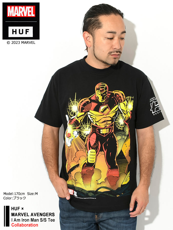 ハフ Tシャツ 半袖 HUF メンズ マーベル アベンジャーズ アイ アム アイアンマン コラボ(MARVEL AVENGERS I Am Iron  Man S/S Tee TS02201)[M便 1/1]