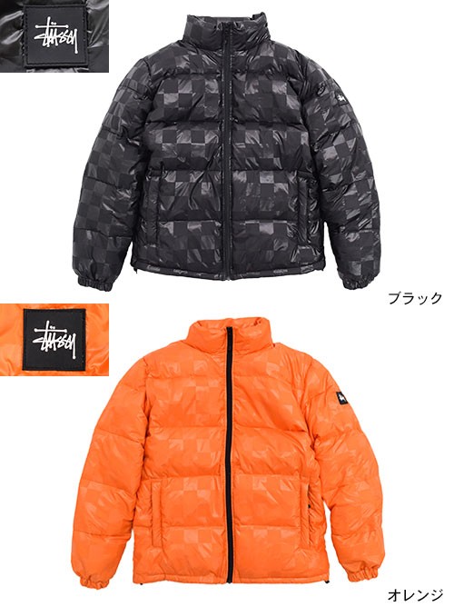 Stussy オレンジ　ダウンジャケット FALL25新作】Stussy 刺繍ロゴ Midweight Puffer 軽量 フード付 (STUSSY