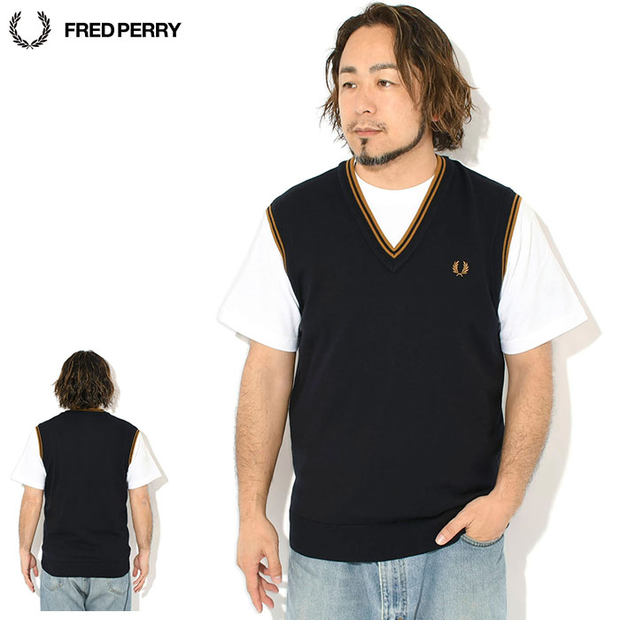FRED PERRY ネイビー Vネック ニットベスト FRED PERRY（フレッドペリー） ベスト メンズ ティップド Vネック