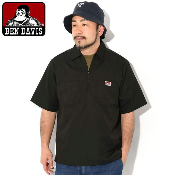 BEN DAVIS 黒 ワークシャツ 半袖　ハーフジップ BEN DAVIS ベンデイビス ハーフジップ半袖ワークシャツ SHORT