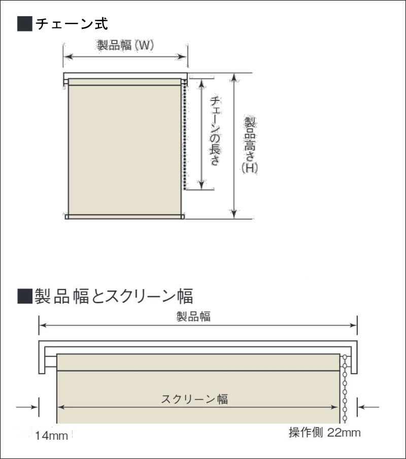 チェーン式ロールスクリーンの各部と寸法の図