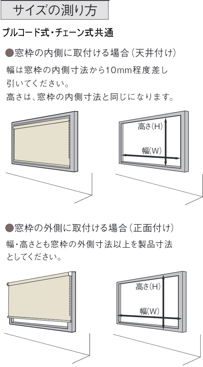 ロールスクリーンのサイズの測り方。窓枠の内側に取り付ける天井付けと、外側に取り付ける正面付けの図