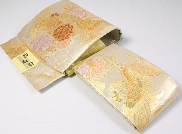 袋帯 全通 金彩 パステルの可愛い 加工 正絹 AO-1894 袋帯軽装帯仕立てワンタッチ帯 正絹織 金/色糸織加工 花鳥風月