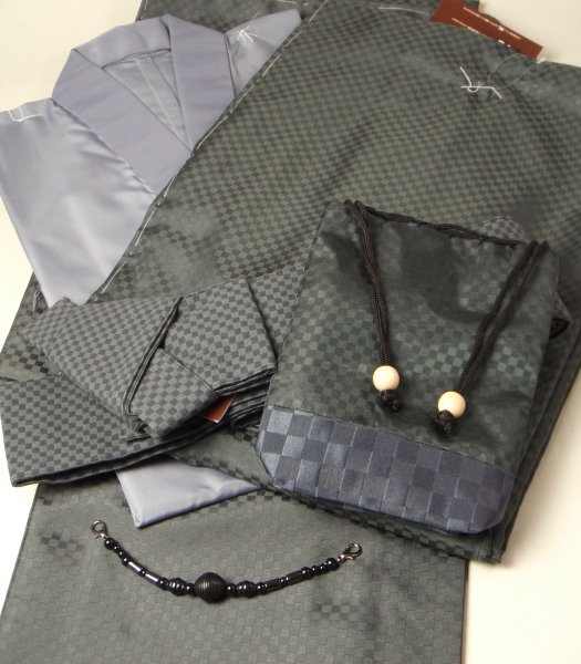 男物着物フルセット グレー系アンサンブル仕立上り、襦袢、帯、羽織紐