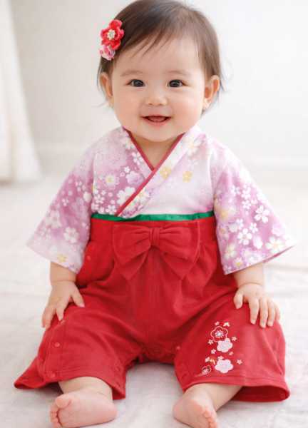 赤ちゃん着物風袴ロンパース赤 女の子80・90cm 肩から股まで全開可能 