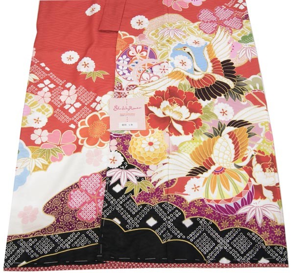 七五三着物 女の子四ッ身 七歳 赤色(ややオレンジ系赤色) 花柄