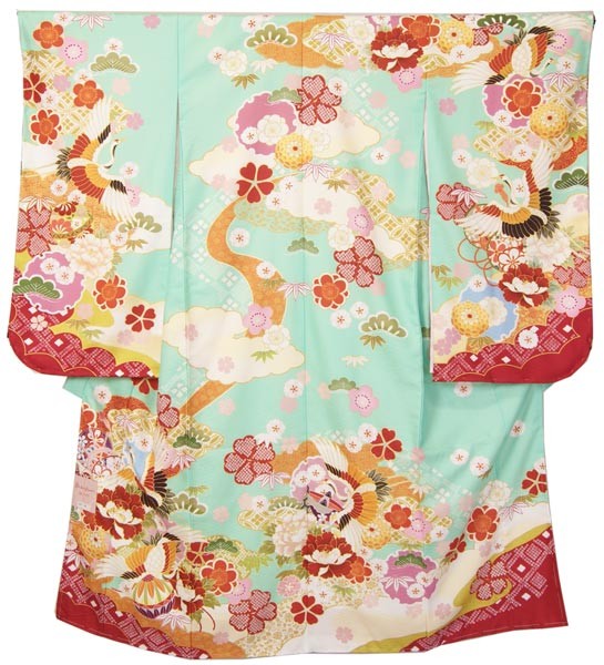 七五三着物 女の子四ッ身 七歳 びゃくぐん(ミントグリーン)色 花柄