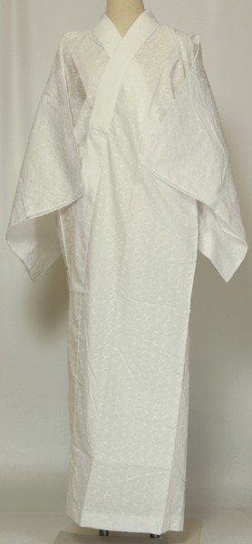夏用綿レース白長式襦袢一部式 M/Lサイズ 麻半衿付 夏着物・喪服用