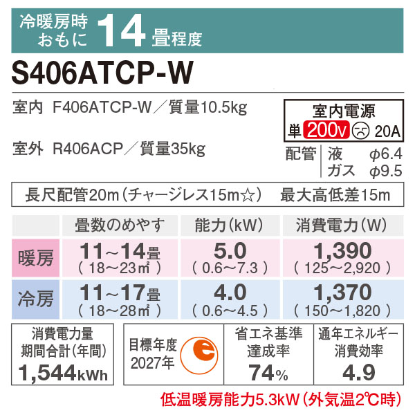 エアコン 14畳 工事費込み ダイキン 2026年モデル DAIKIN CXシリーズ「S406ATCP-W」 4.0kW (200V/20A) 工事保証5年 取付 無線LAN内蔵 省エネ 節電の画像