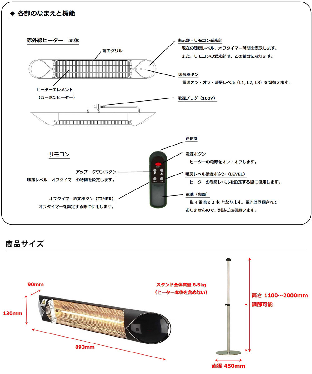 電気ヒーター ペガサス スタンド設置モデル 100V 1000W 防水仕様 IP65