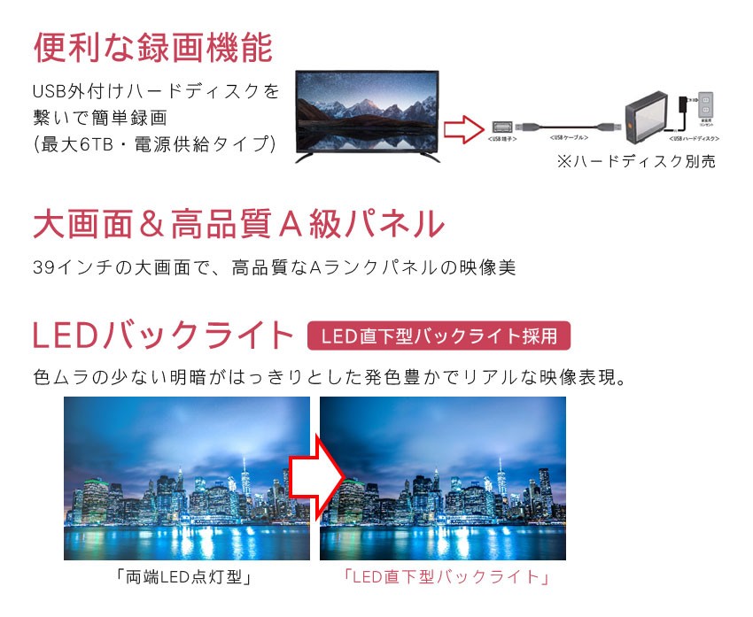 39インチ 液晶テレビ 地上デジタル BS 110度 CSデジタル ハイビジョン液晶テレビ 日本メーカー製チューナー ハードディスク録画対応 WIS  WI-D3903SR