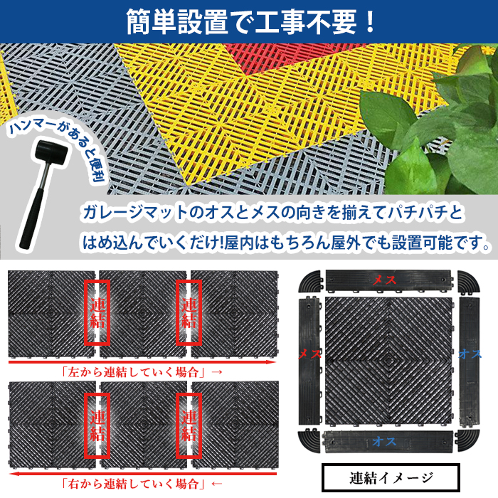 【5/18~全品10％OFF】ガレージタイル ガレージマット 置き敷き 耐荷重10トン 40×40cm 100枚 穴無しタイプ 屋外 屋内 組立簡単 耐久性抜群 送料無料｜ichifujiy｜04