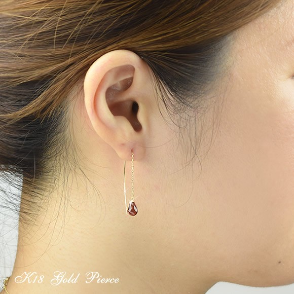 18金 アメリカンピアス ガーネット K18 ゴールド しずく ピアス 1月