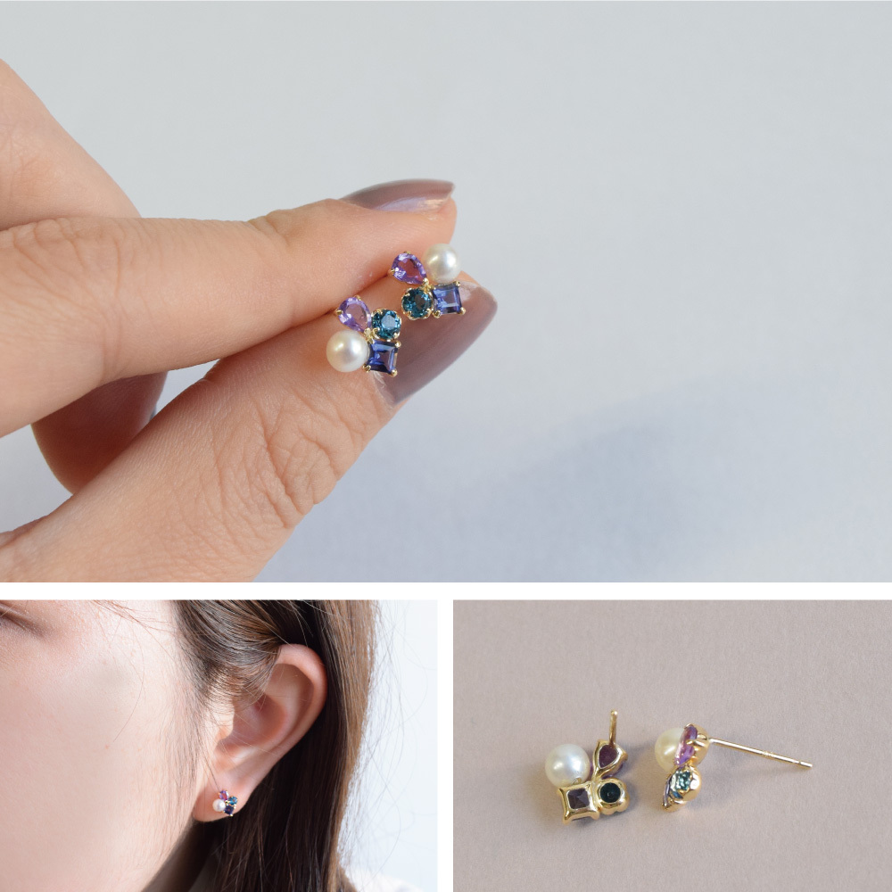 18K ピアス 淡水パール アメジスト ロンドンブルートパーズ