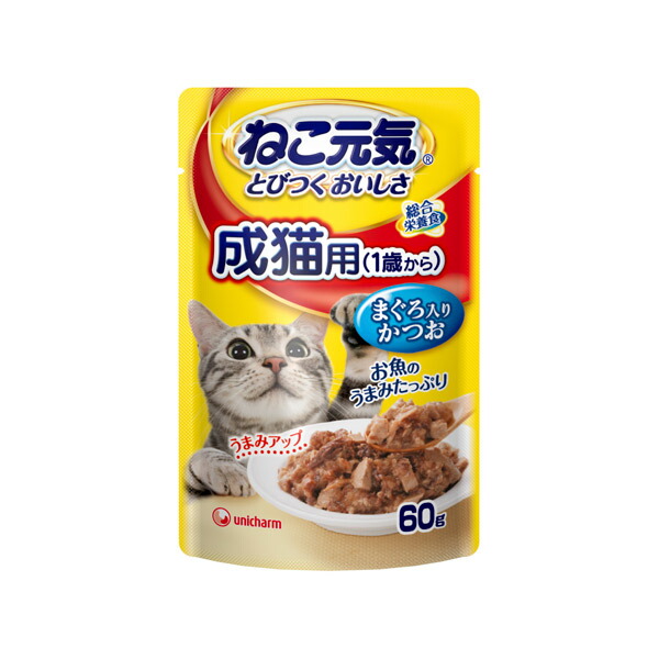 ユニ・チャーム ねこ元気 総合栄養食 パウチ成猫用 （1歳から）まぐろ入りかつお 60g 4520699638309