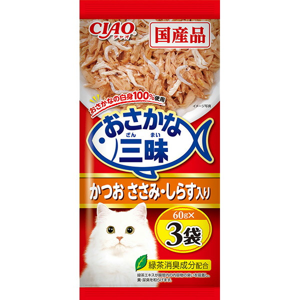 Yahoo! Yahoo!ショッピング(ヤフー ショッピング)いなばペットフード:CIAO おさかな三昧 かつお ささみ・しらす入り 60g×3袋 4901133835025 お魚の白身100％使用！