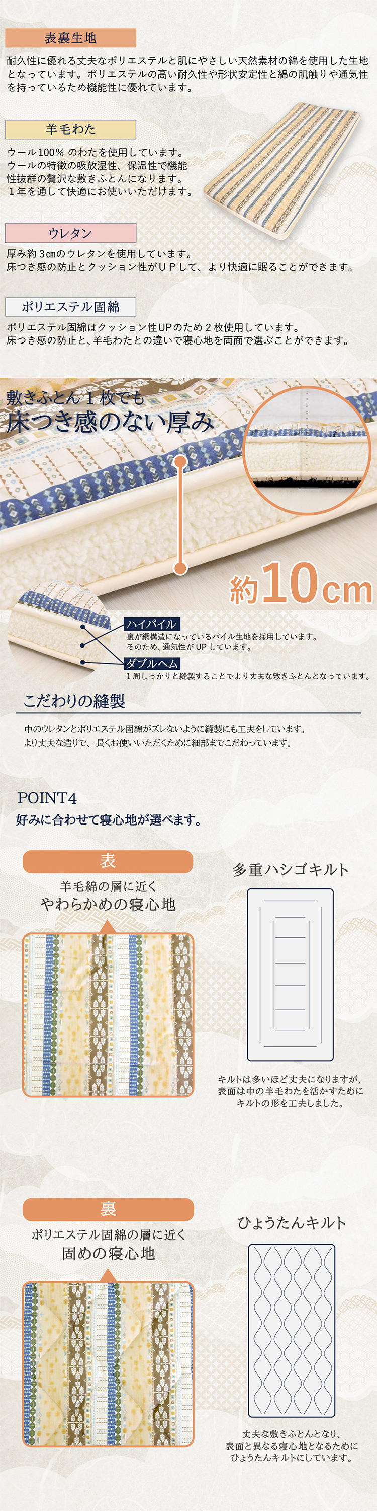 丸八真綿 【レビュー特典付 枕カバー】 マルハチ 4層 羊毛 敷布団 花柄