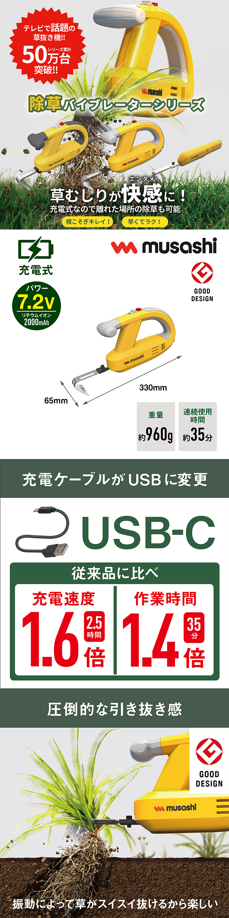 musashi（ムサシ） 【新機種登場！】 除草バイブレーター 充電式 USB
