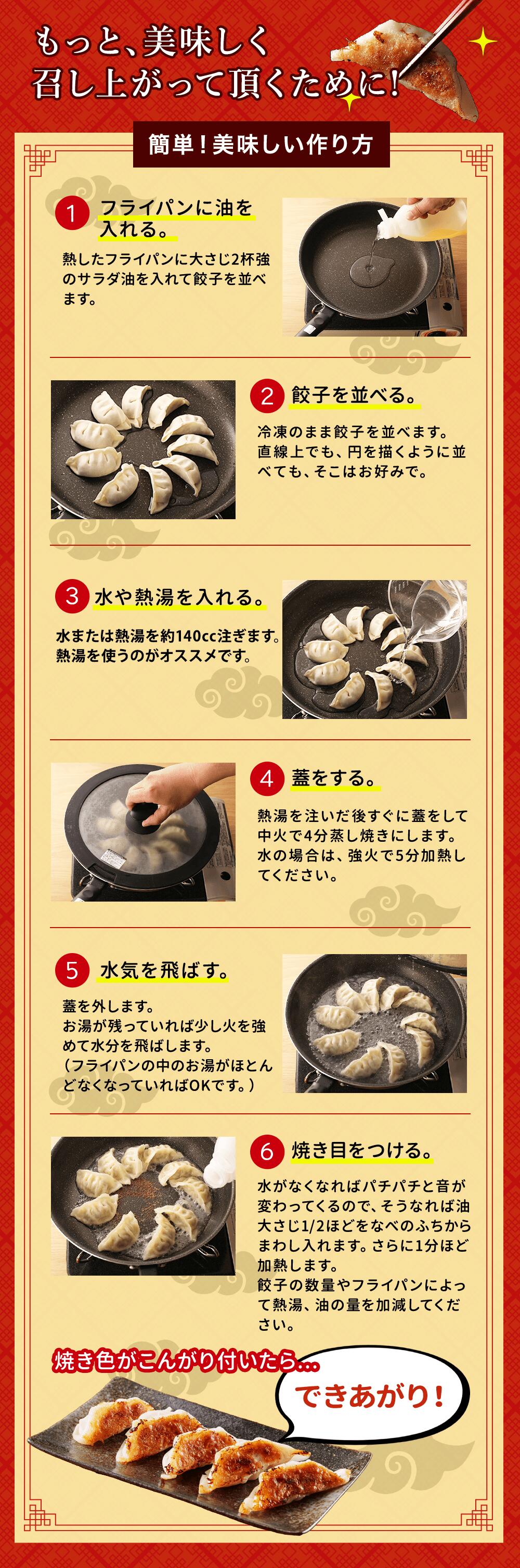 カンタン 美味い餃子の焼き方 1.フライパンに油を入れる 熱したフライパンに、大さじ２杯強のサラダ油を入れ餃子を並べます。直線上でも、円を描くように放射線状に並べても、そこはお好みで。※冷凍の状態で並べてください。 2.お水を加える 熱湯（またはお水）を約120〜140cc注ぎます。熱湯を使うのがオススメです。 3.蓋をする 熱湯を注ぎ、すぐふたをして中火で約4分蒸し焼きにします。お水の場合は、強火で約5分加熱して下さい。 4.水気を飛ばす 蓋を外します。お湯が残っていれば少し火を強めて水分を飛ばします。（フライパンの中のお湯がほとんどなくなっていればOKです。） 5.焼き目をつける 水がなくなればパチパチと音が変わってくるので、そうなれば油大さじ1/2ほど淵からまわし入れます。さらに1分ほど加熱します。餃子の数量やフライパンによって熱湯、油の量を加減して下さい。 6.出来上がり 焼き色がこんがりついていれば、ヘラで取り出し、お皿に盛り付けます。餃子を合わせるだけ。焼き立てをいただきましょう! 商品到着後は、冷凍庫にて保存して下さい。
