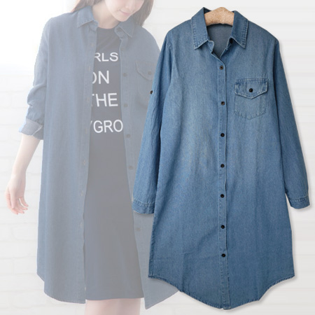ロング丈 デニム シャツ ワンピース ロールアップ 胸ポケット付