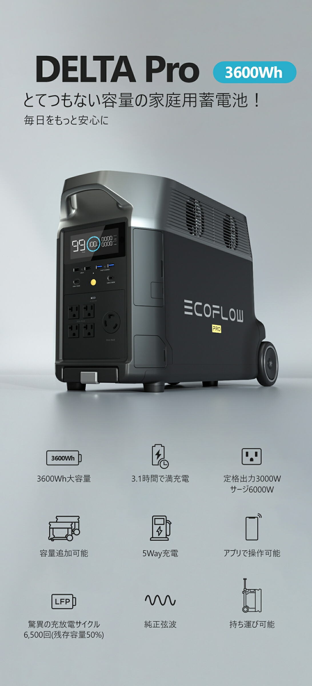 ECOFLOW EcoFlow DELTA Pro 3600Wh/1,125,000mAh ポータブル電源 リン