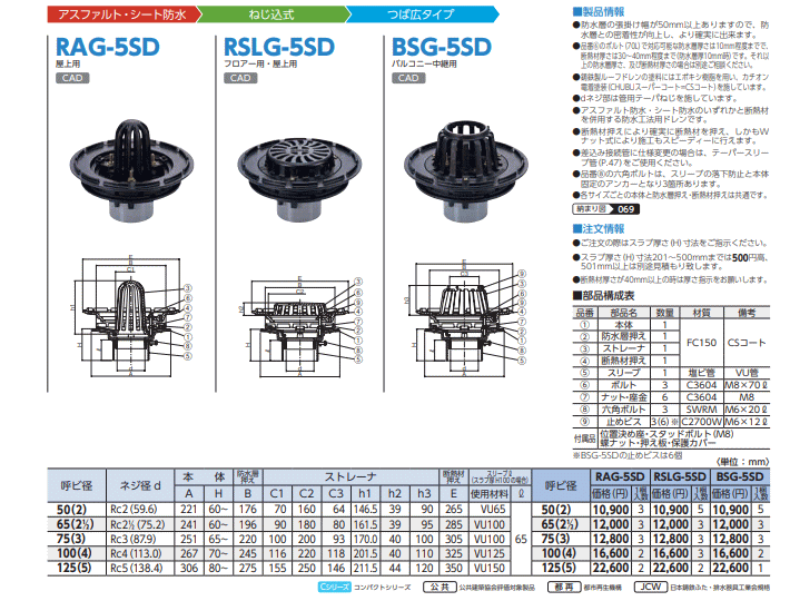 中部コーポレーション BSG-5SD-100 外断熱工法 打込用ルーフドレン-