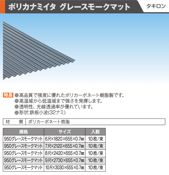 ポリカ 波板 12尺 タキロン 熱線カットタイプ クリアスモークマット 10