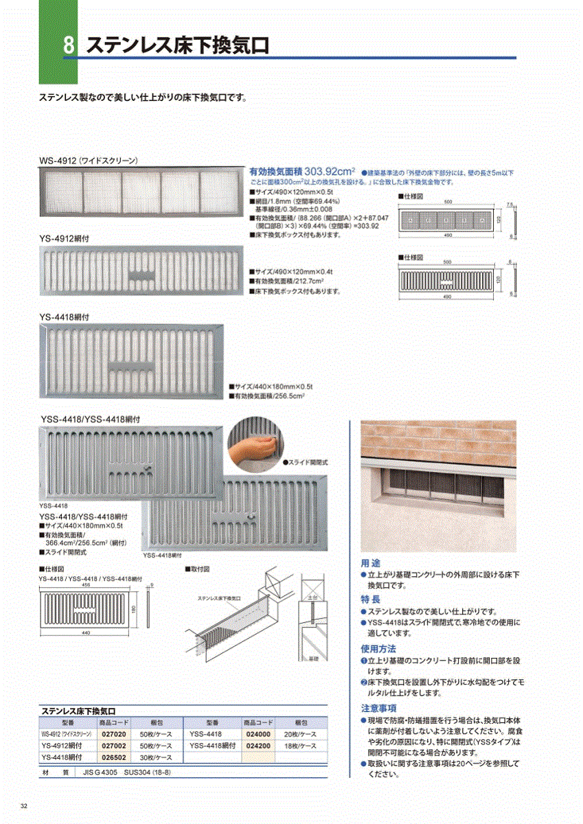 (50枚入)　カネシン　ステンレス床下換気口　（網付）　YS-4912　W490×H120×t6mm