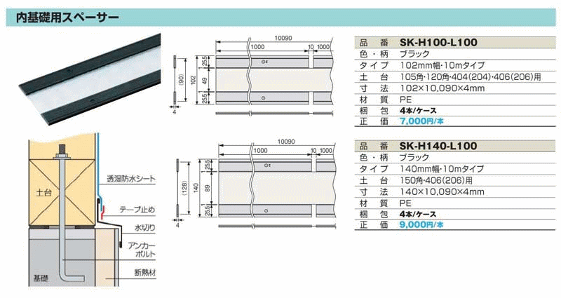 (4本入)　城東テクノ　Joto　SK-H100-L100　SK-H100-L100　102×10,090×4mm　気密スペーサー内基礎用