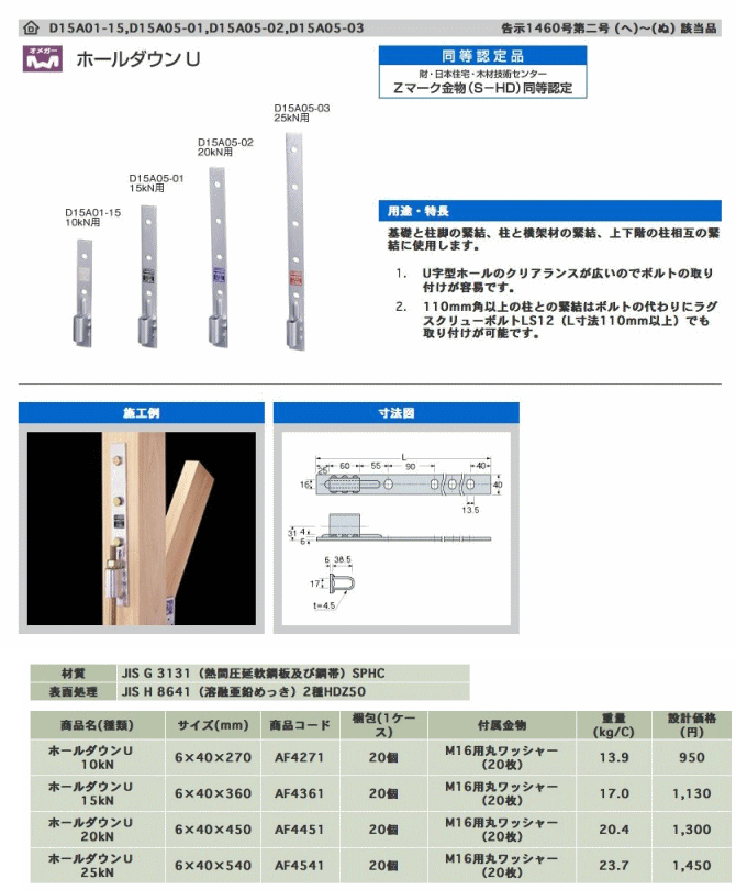 (20個入)　タナカ　AF4271　10kN用　ホールダウンU　40×270×t6.0mm