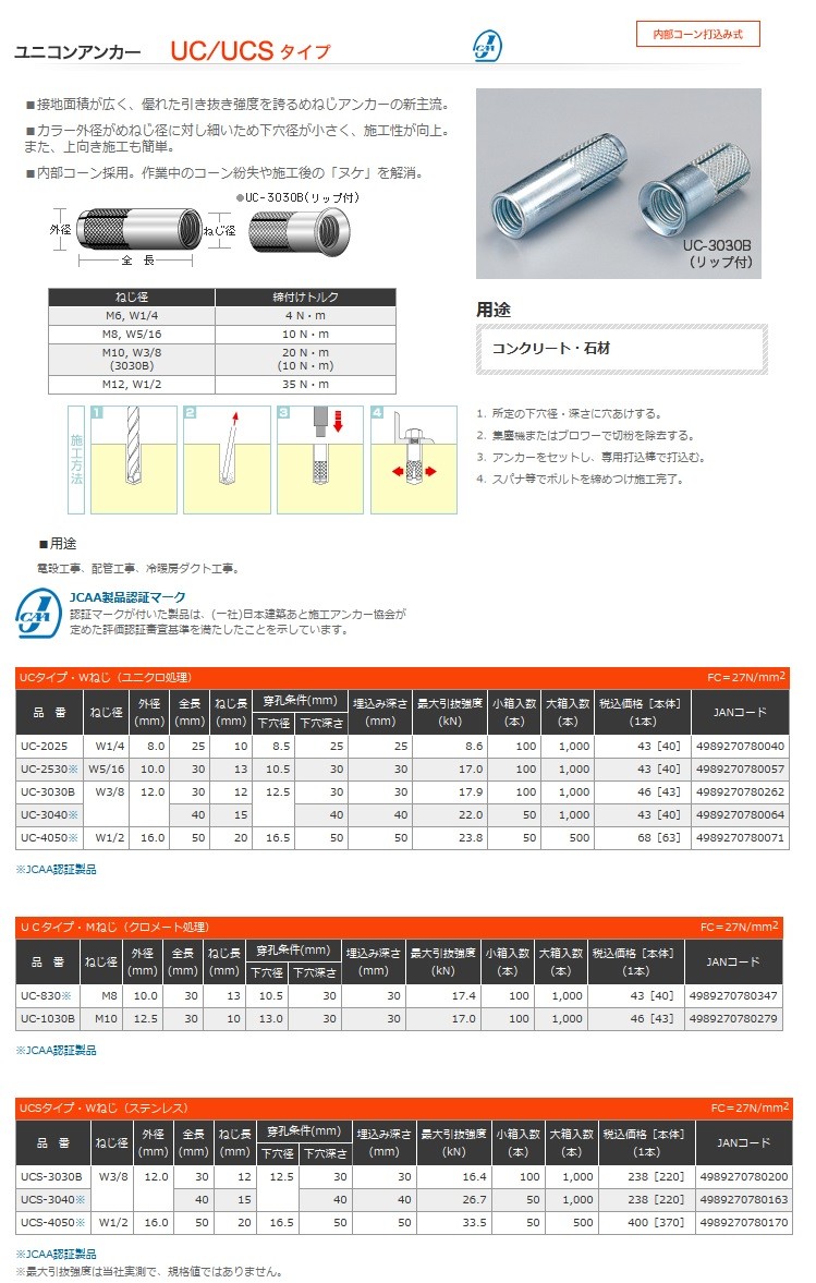 unica（ユニカ） UNIKA ユニコンアンカー UCS-3030B UCSタイプ