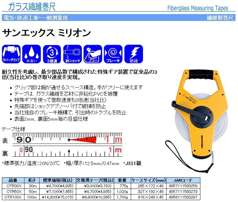 YAMAYO ヤマヨ OTR100X ガラス繊維製巻尺 100M サンエックスミリオン