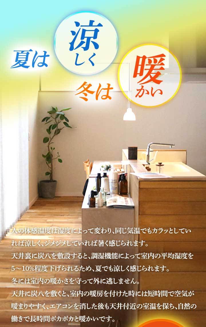 夏は涼しく、冬は暖かい。天井に炭八を敷くと、室内の暖房を付けた時には短時間で空気が暖まりやすく、エアコンを消した後も天井付近の室温を保ち、自然と働きで長時間ポカポカと暖かい。