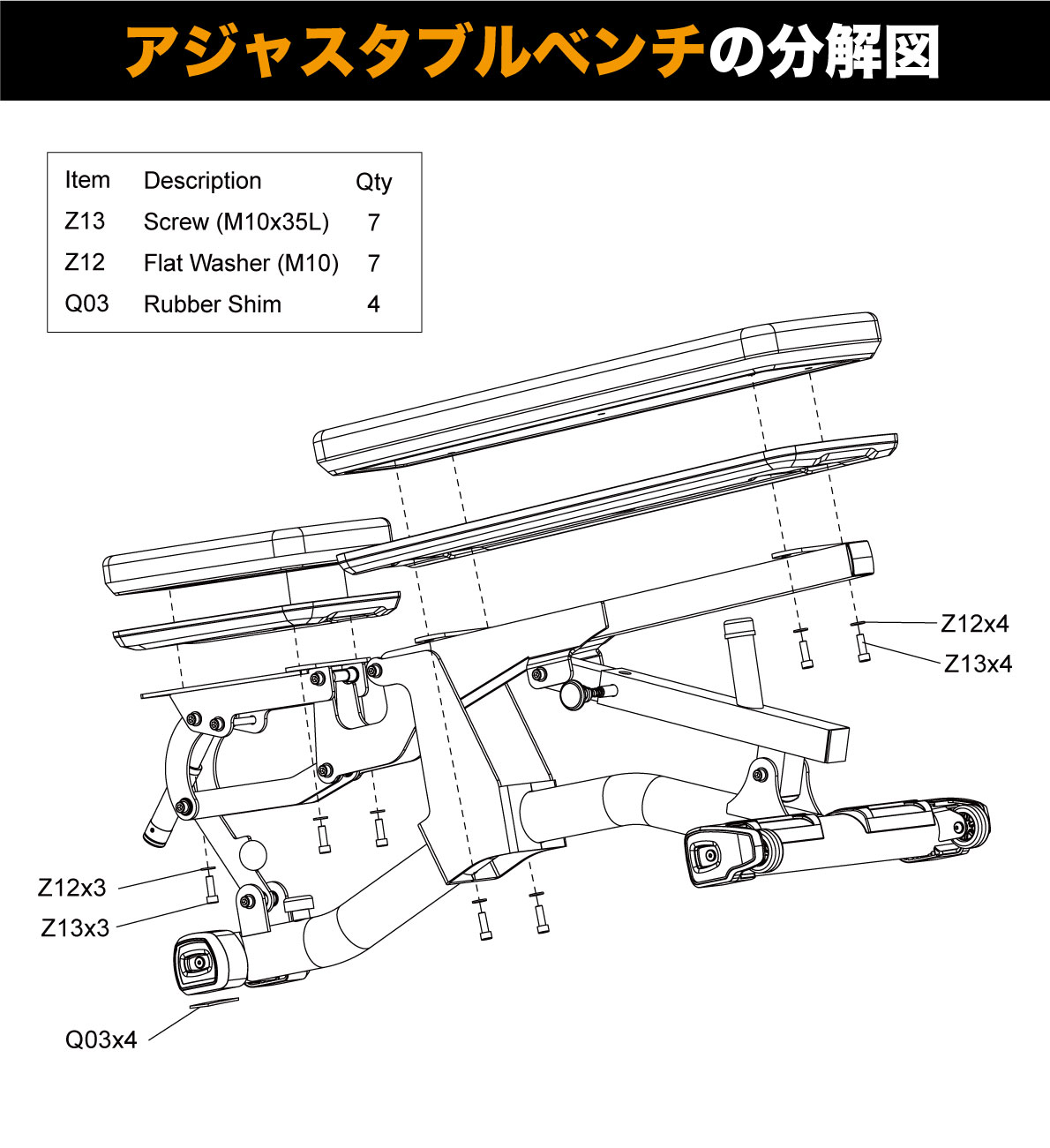 アジャスタブルベンチの分解図