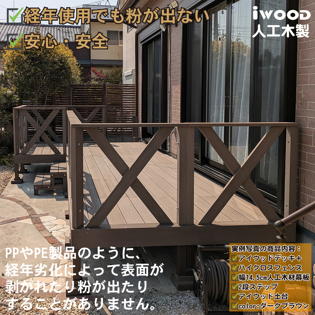 igarden ウッドデッキ 人工木 1.5坪 樹脂製 フェンス付き H80cm